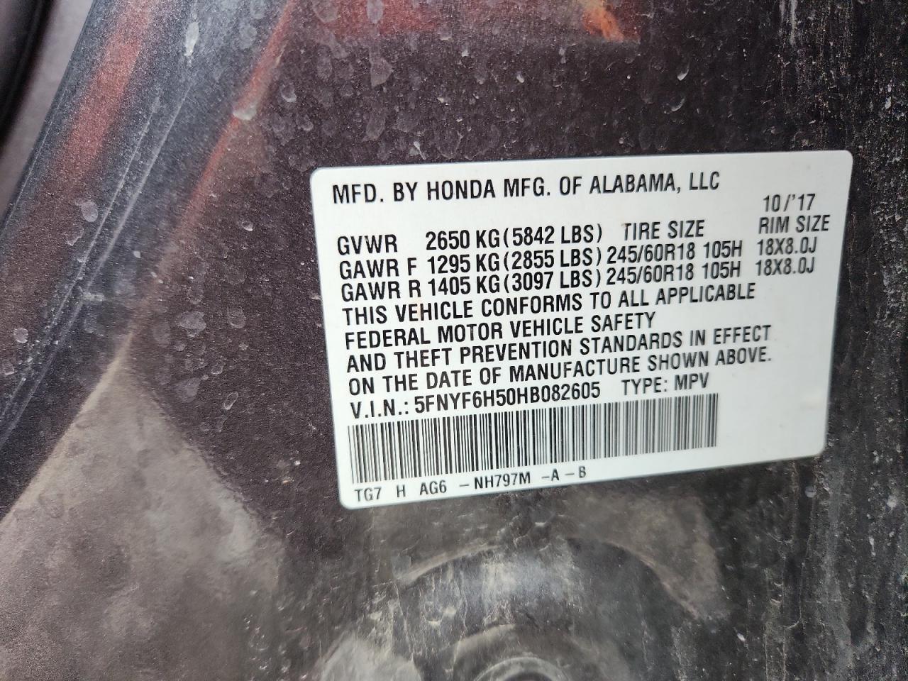 2017 Honda Pilot Exl VIN: 5FNYF6H50HB082605 Lot: 86124875