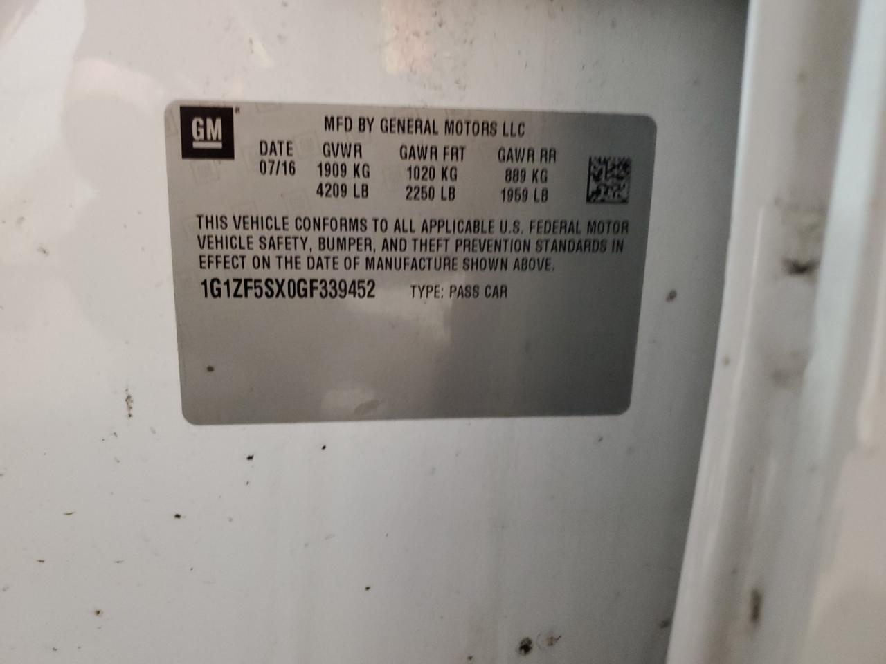 2016 Chevrolet Malibu Lt VIN: 1G1ZF5SX0GF339452 Lot: 82448745