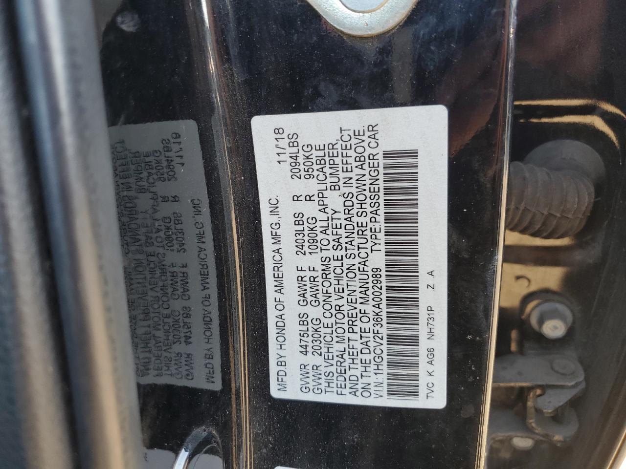 2019 Honda Accord Sport VIN: 1HGCV2F36KA002989 Lot: 81960415