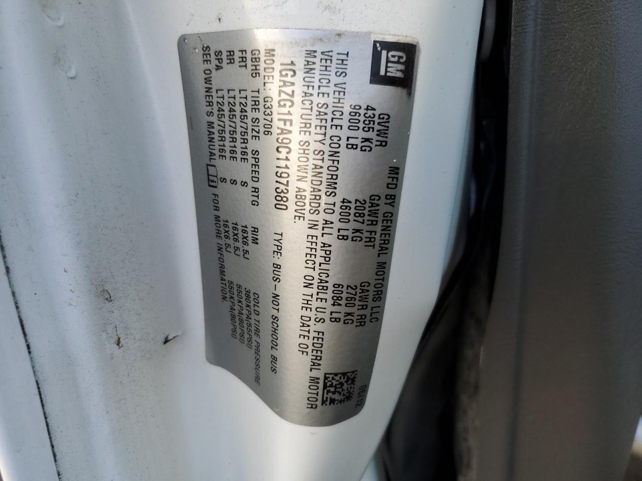 2012 Chevrolet Express G3500 Lt VIN: 1GAZG1FA9C1197380 Lot: 90072585