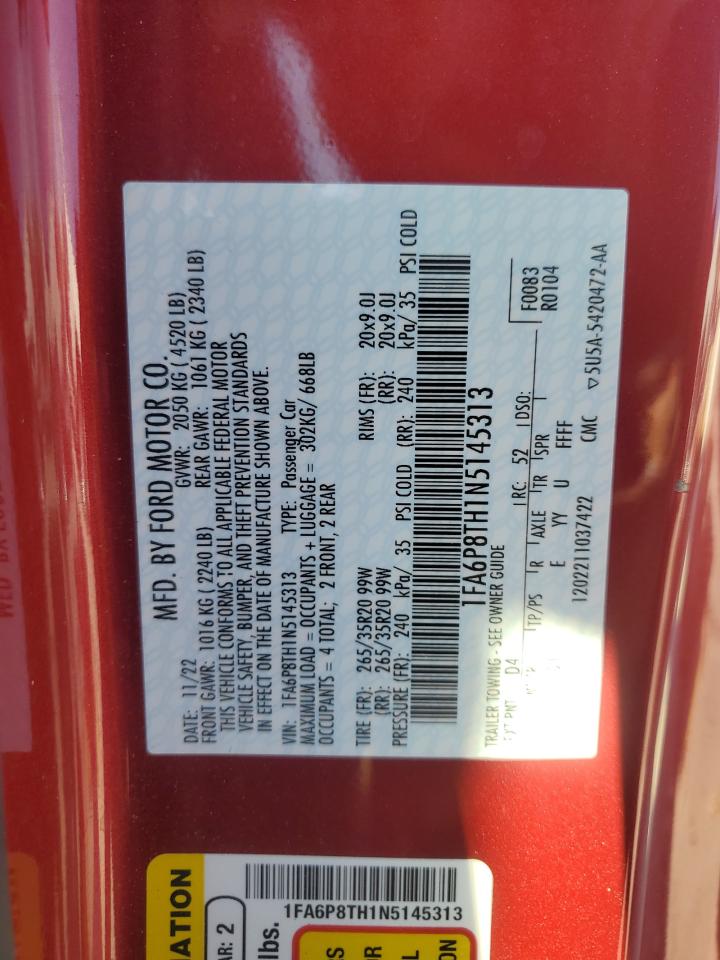 2022 Ford Mustang VIN: 1FA6P8TH1N5145313 Lot: 86288625