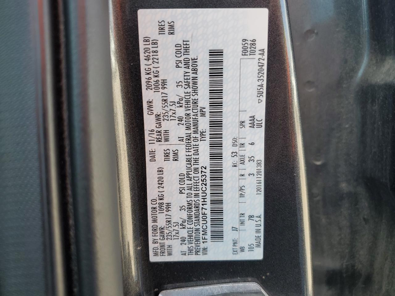 2017 Ford Escape S VIN: 1FMCU0F71HUC25372 Lot: 84746485