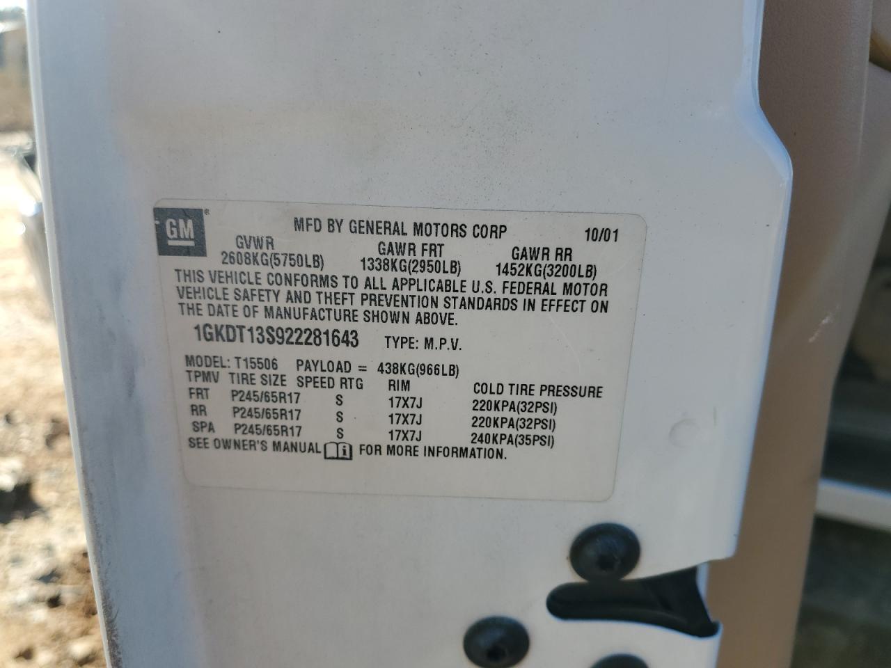 2002 GMC Envoy VIN: 1GKDT13S922281643 Lot: 90581395