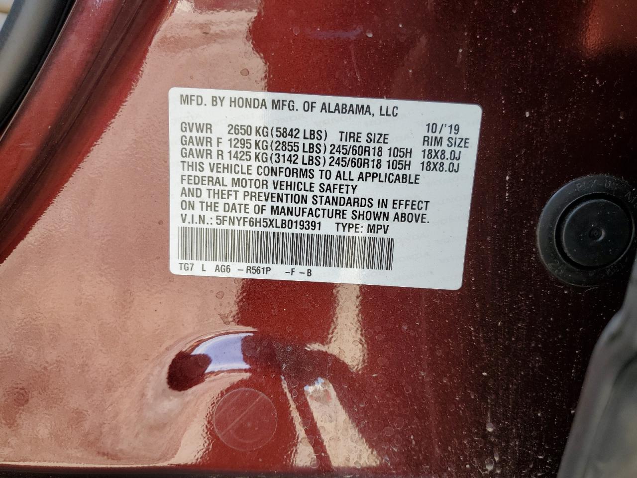 2020 Honda Pilot Exl VIN: 5FNYF6H5XLB019391 Lot: 90295405
