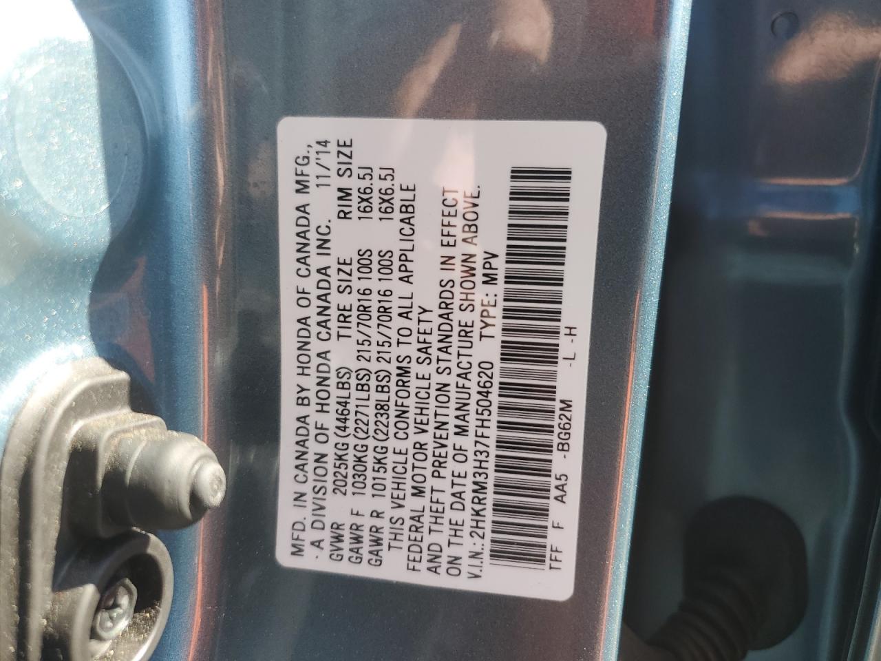 2015 Honda Cr-V Lx VIN: 2HKRM3H37FH504620 Lot: 86843575