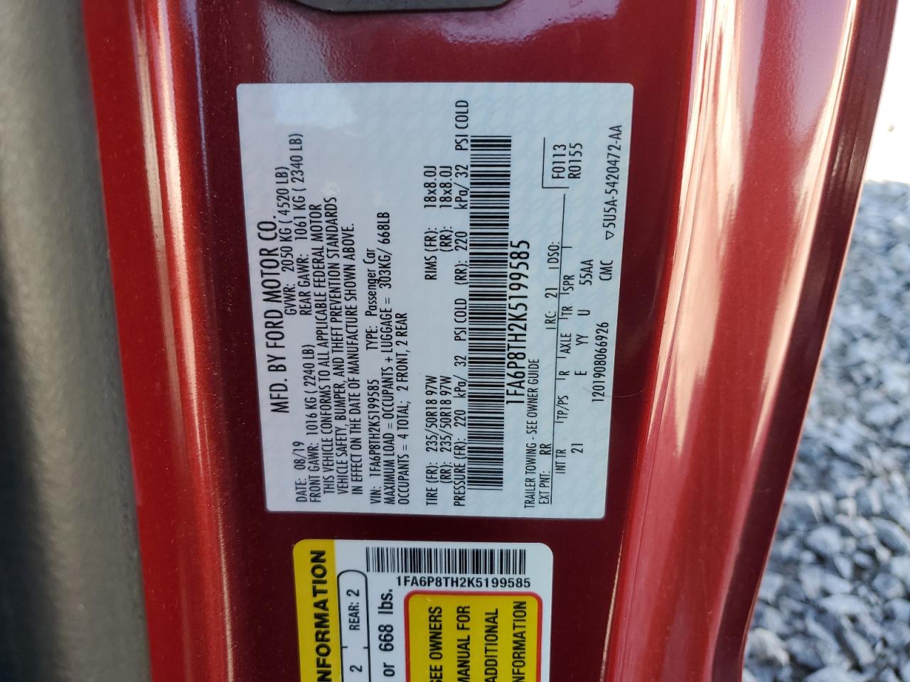 2019 Ford Mustang VIN: 1FA6P8TH2K5199585 Lot: 82232095