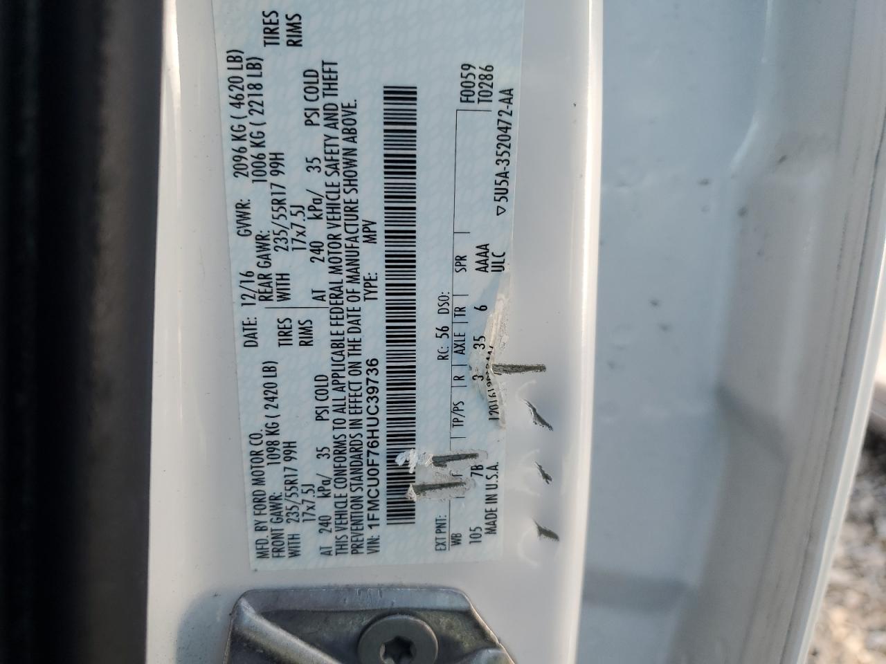 2017 Ford Escape S VIN: 1FMCU0F76HUC39736 Lot: 82212945