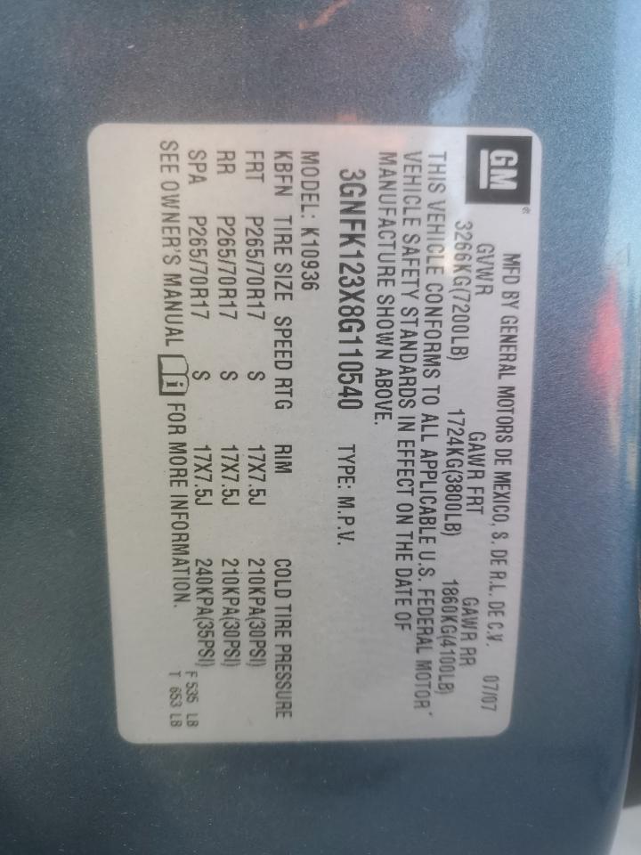 2008 Chevrolet Avalanche K1500 VIN: 3GNFK123X8G110540 Lot: 87383425