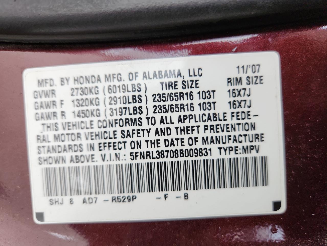 2008 Honda Odyssey Exl VIN: 5FNRL38708B009831 Lot: 85646595