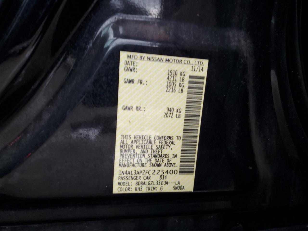 2015 Nissan Altima 2.5 VIN: 1N4AL3AP2FC225400 Lot: 85341915