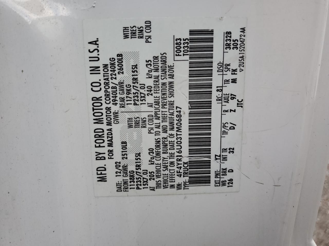 2003 Mazda B3000 Cab Plus VIN: 4F4YR16U03TM06847 Lot: 89513975