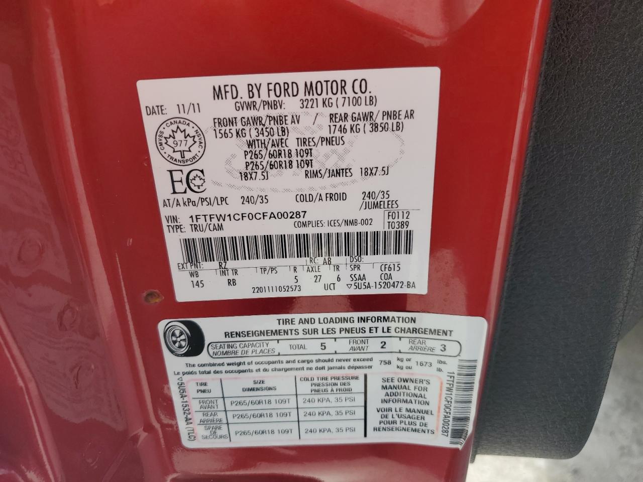 2012 Ford F150 Supercrew VIN: 1FTFW1CF0CFA00287 Lot: 86139565