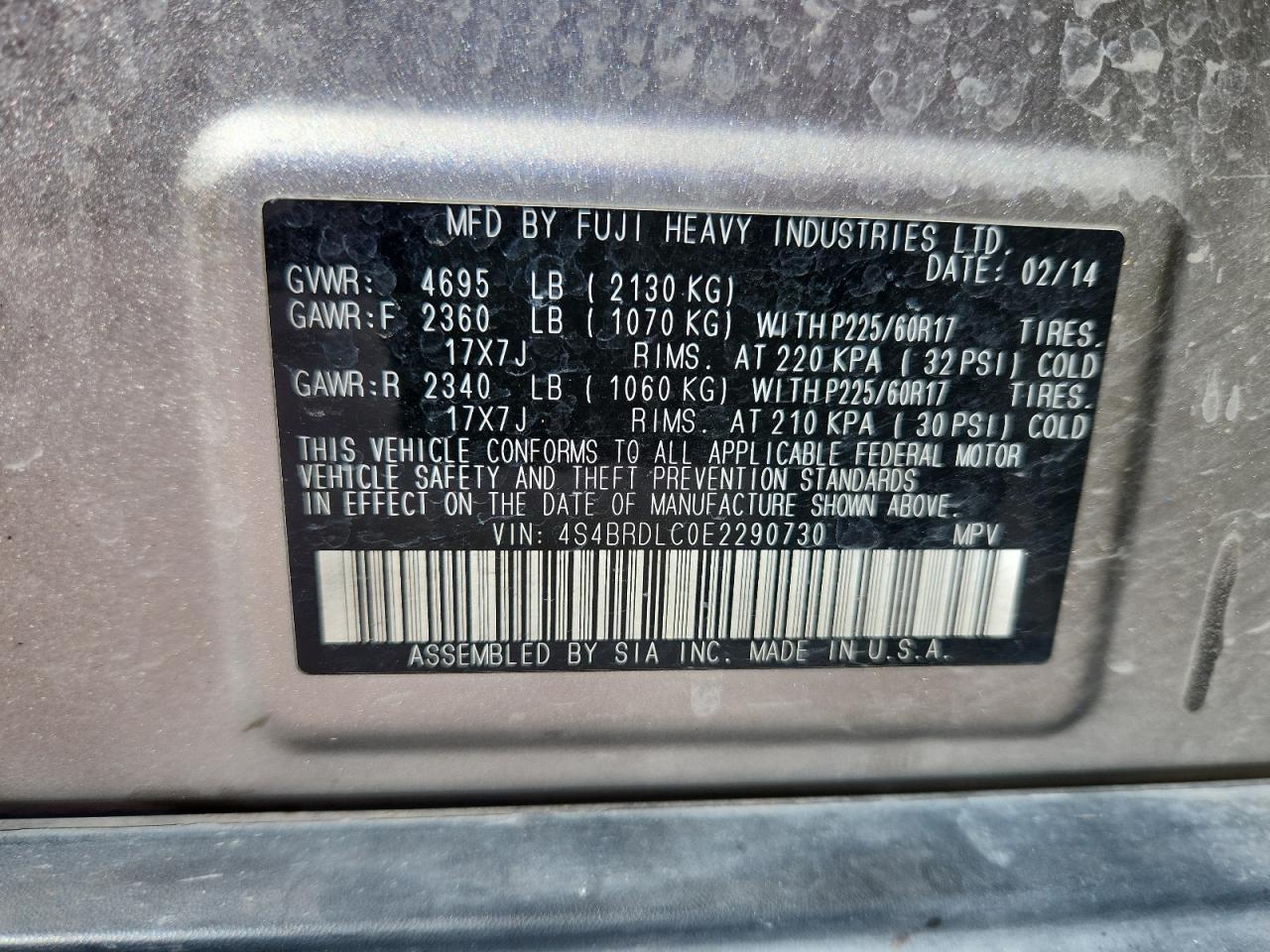 2014 Subaru Outback 3.6R Limited VIN: 4S4BRDLC0E2290730 Lot: 84778125