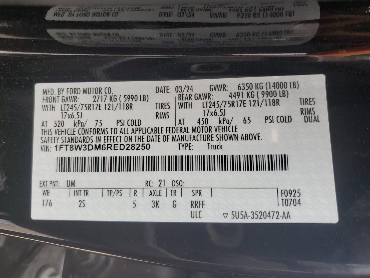 2024 Ford F350 Super Duty VIN: 1FT8W3DM6RED28250 Lot: 81056705