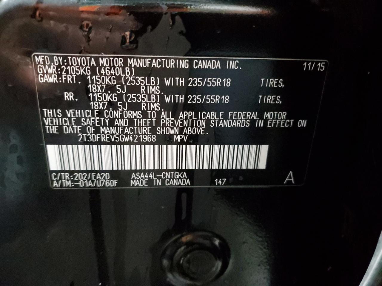 2016 Toyota Rav4 Limited VIN: 2T3DFREV5GW421968 Lot: 85759065