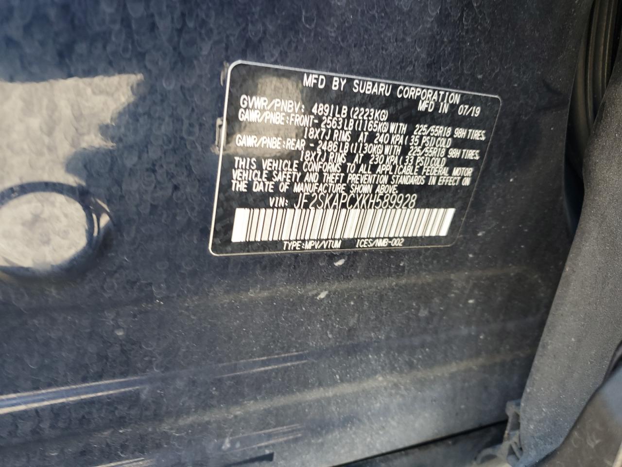 2019 Subaru Forester Sport VIN: JF2SKAPCXKH589928 Lot: 85385405