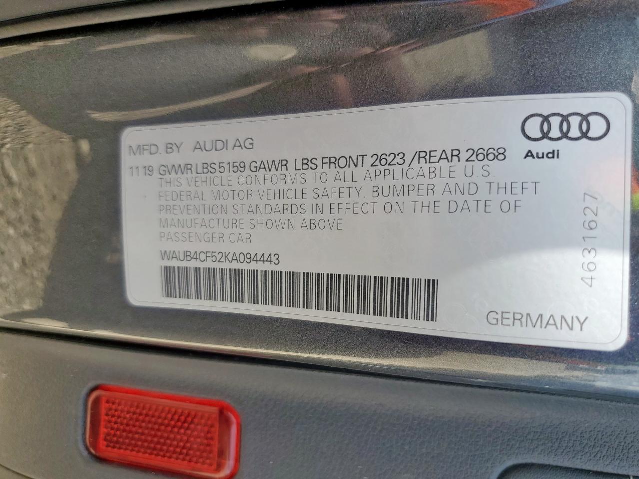 2019 Audi S5 Premium Plus VIN: WAUB4CF52KA094443 Lot: 85577005