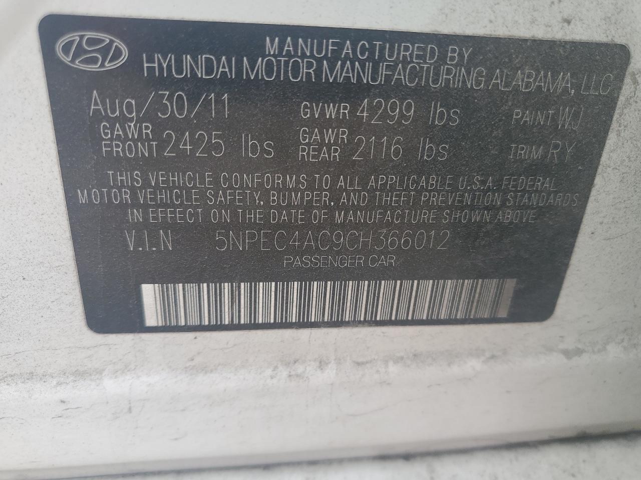 2012 Hyundai Sonata Se VIN: 5NPEC4AC9CH366012 Lot: 82421325