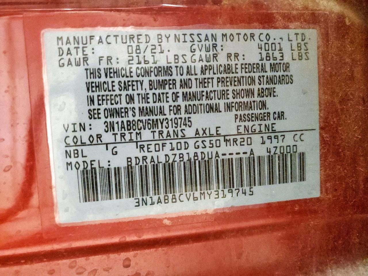 2021 Nissan Sentra Sv VIN: 3N1AB8CV6MY319745 Lot: 85194135