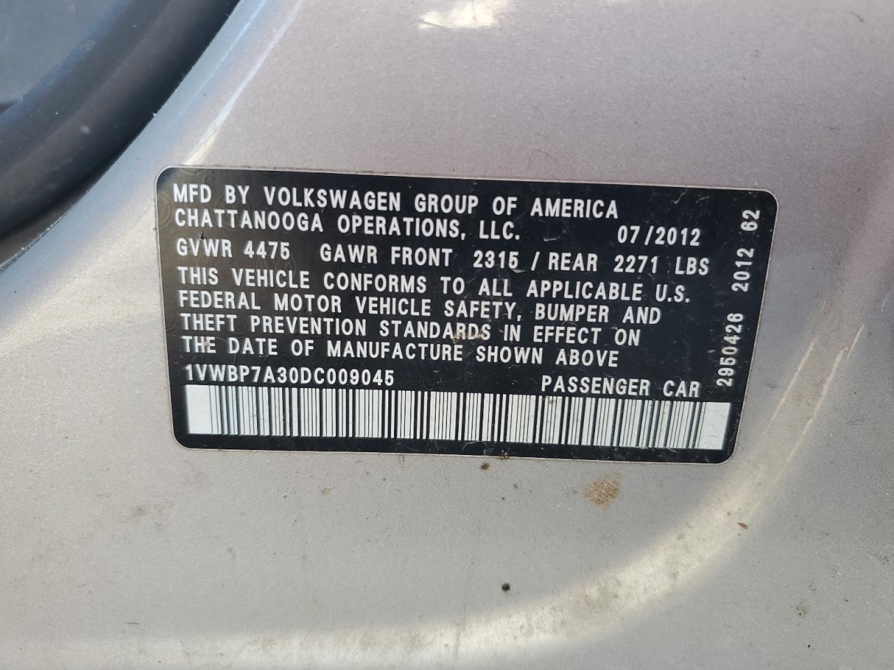 2013 Volkswagen Passat Se VIN: 1VWBP7A30DC009045 Lot: 89853235