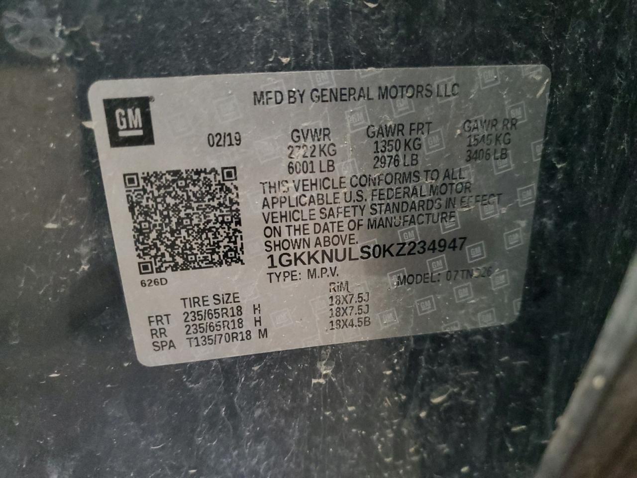 2019 GMC Acadia Slt-1 VIN: 1GKKNULS0KZ234947 Lot: 84758435