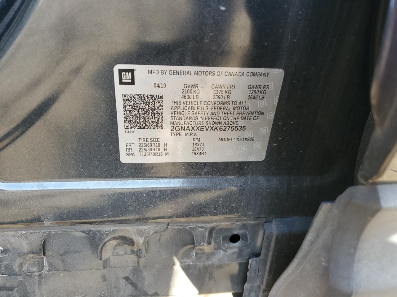 2019 Chevrolet Equinox Premier VIN: 2GNAXXEVXK6275535 Lot: 82184425