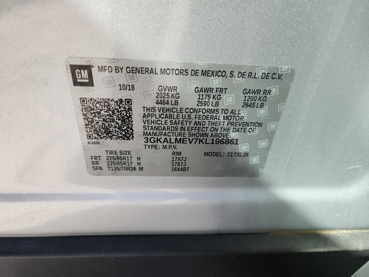 2019 GMC Terrain Sle VIN: 3GKALMEV7KL196861 Lot: 87022475