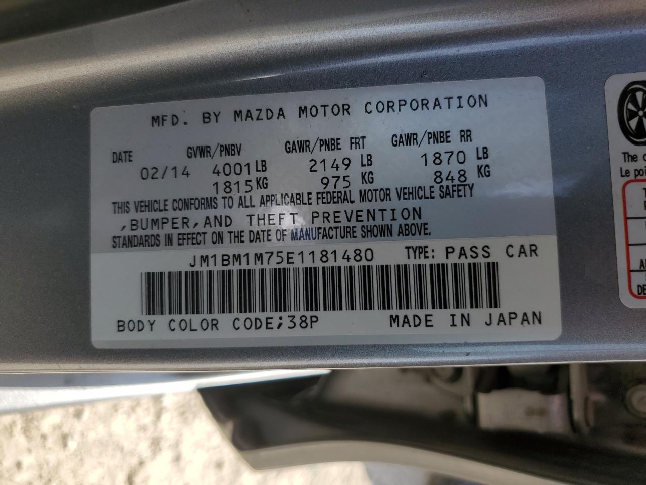 2014 Mazda 3 Grand Touring VIN: JM1BM1M75E1181480 Lot: 86887575