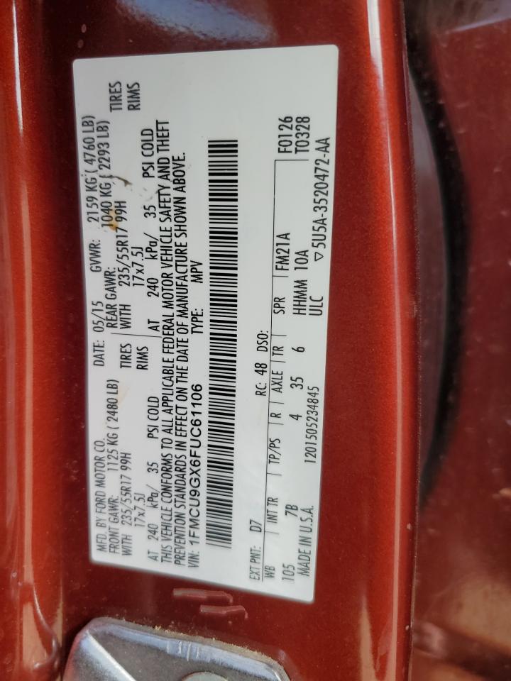 2015 Ford Escape Se VIN: 1FMCU9GX6FUC61106 Lot: 89854835