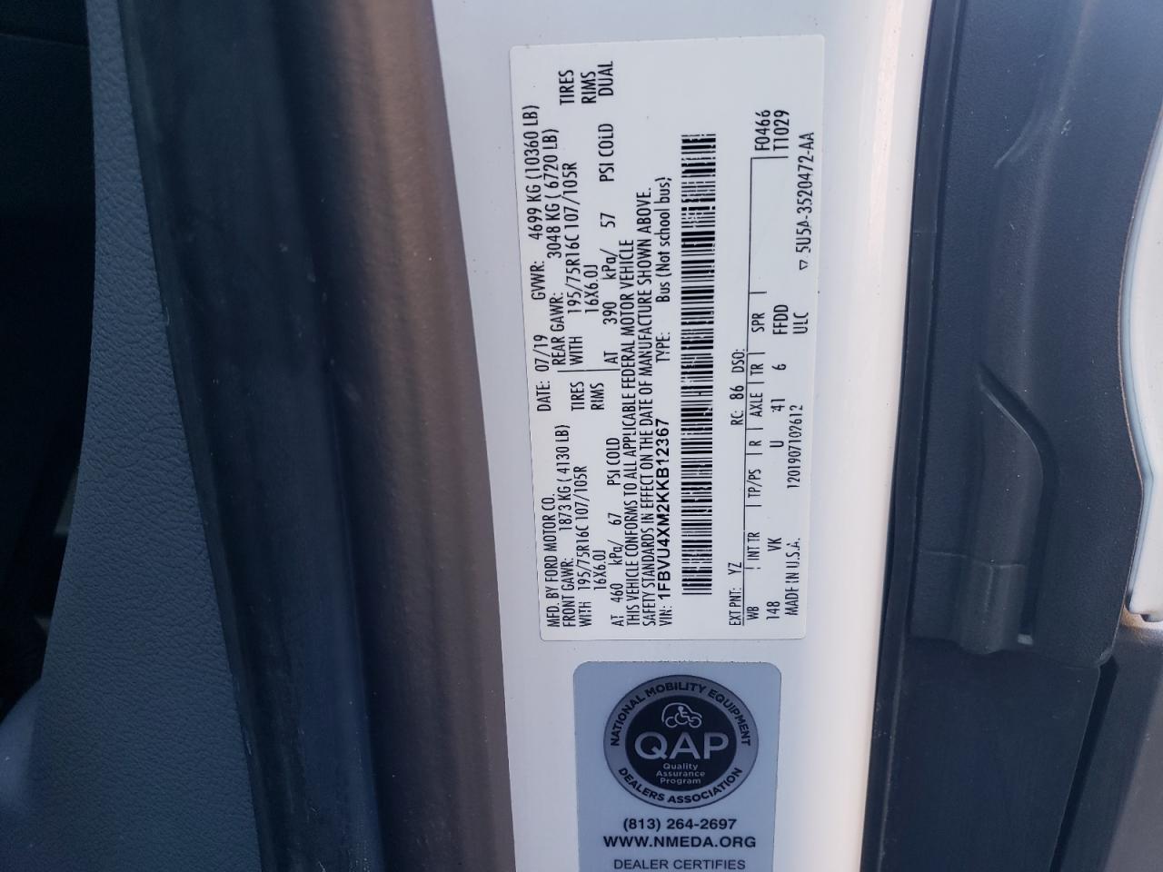 2019 Ford Transit T-350 Hd VIN: 1FBVU4XM2KKB12367 Lot: 89821535