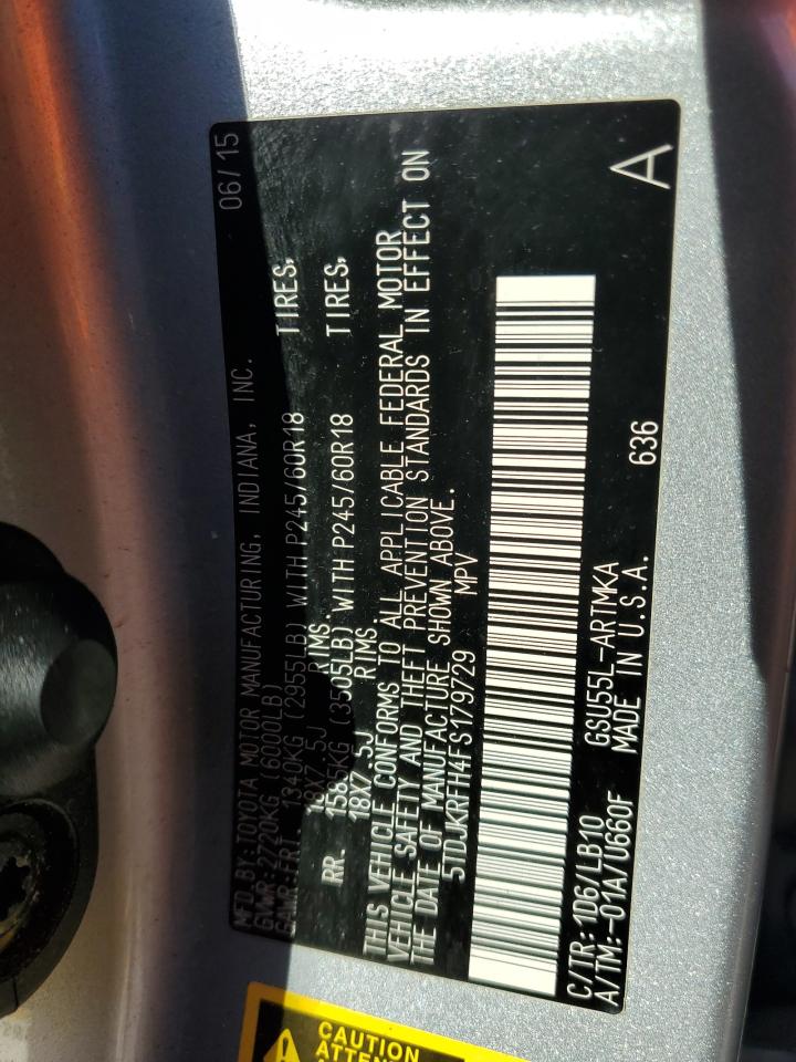 2015 Toyota Highlander Xle VIN: 5TDJKRFH4FS179729 Lot: 87042465