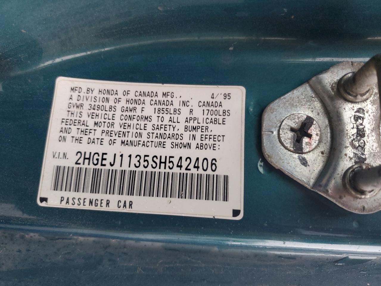1995 Honda Civic Ex VIN: 2HGEJ1135SH542406 Lot: 81837295