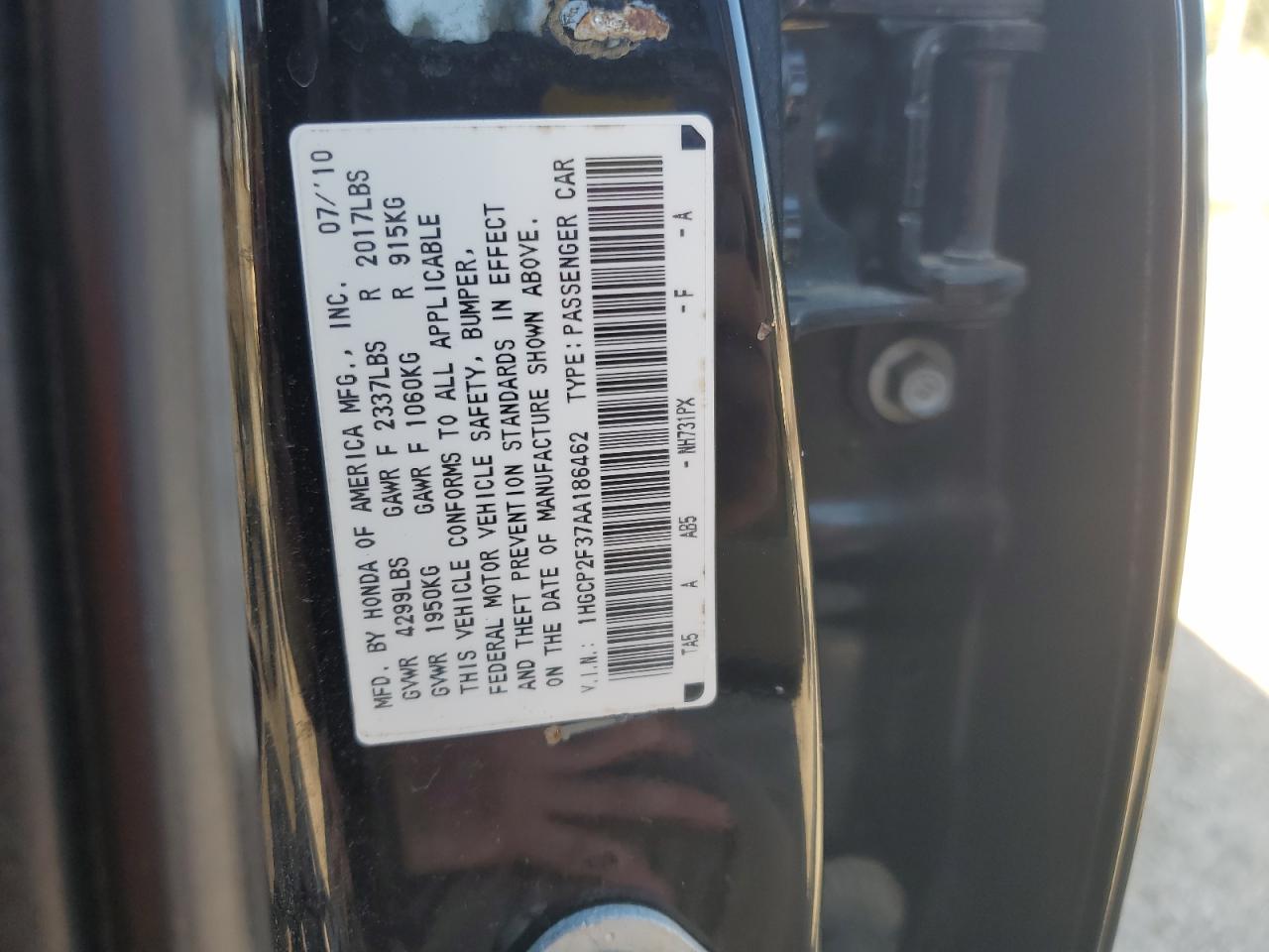 2010 Honda Accord Lx VIN: 1HGCP2F37AA186462 Lot: 85754165