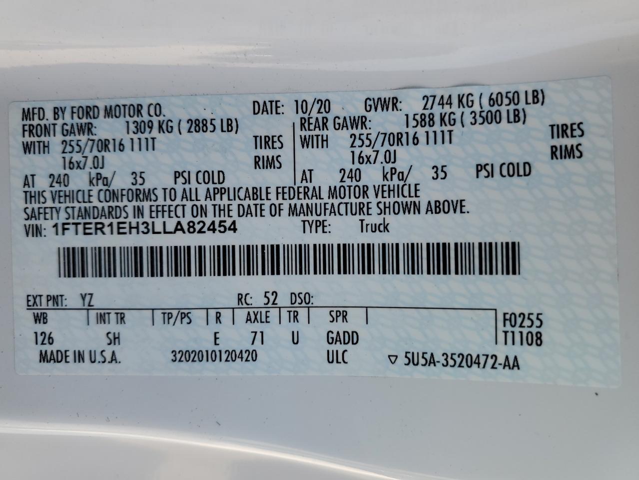 2020 Ford Ranger Xl VIN: 1FTER1EH3LLA82454 Lot: 89837655