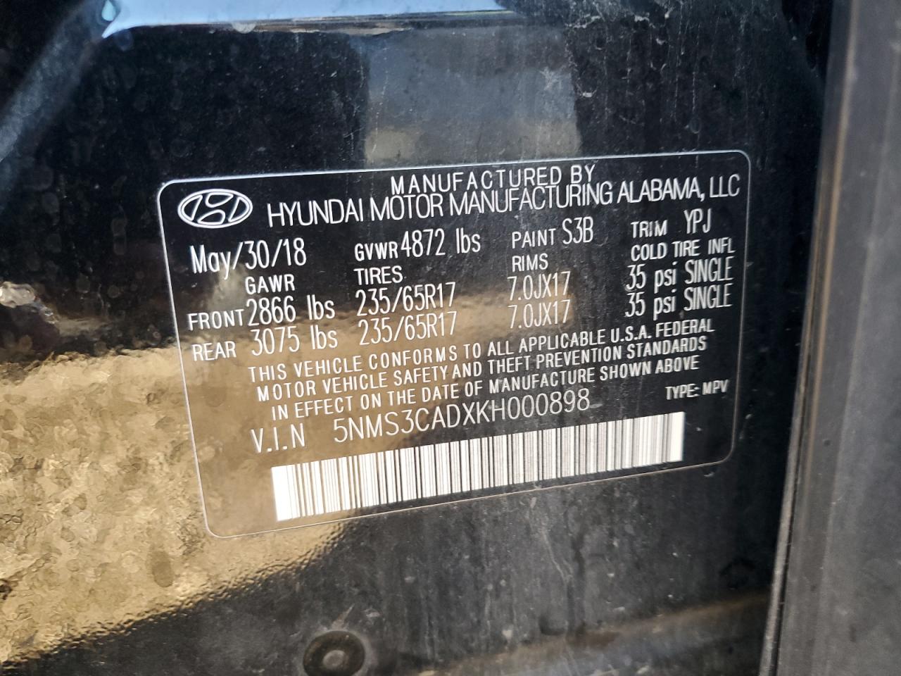 2019 Hyundai Santa Fe Sel VIN: 5NMS3CADXKH000898 Lot: 84912905