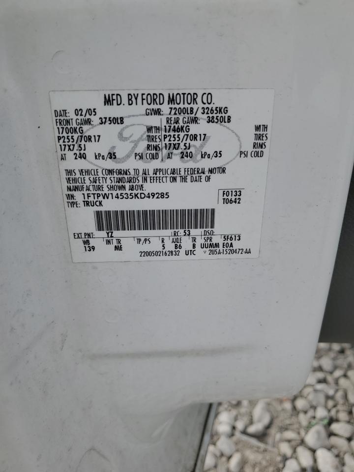 2005 Ford F150 Supercrew VIN: 1FTPW14535KD49285 Lot: 87052055