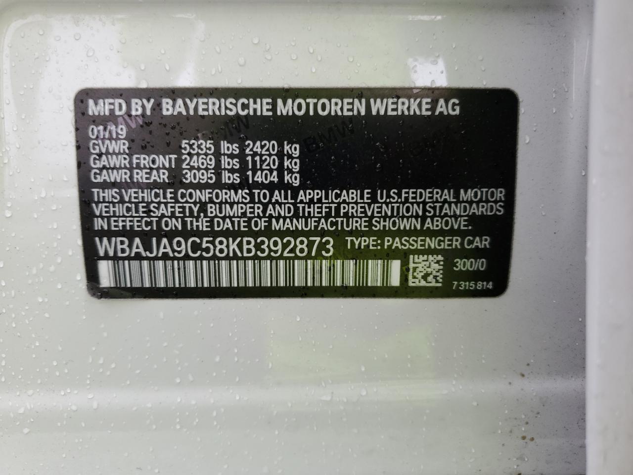 2019 BMW 530E VIN: WBAJA9C58KB392873 Lot: 82330795