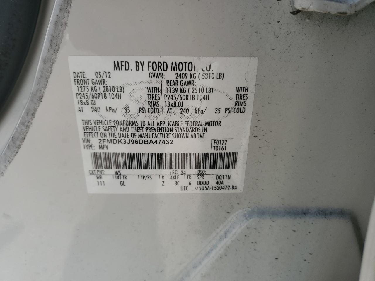 2013 Ford Edge Sel VIN: 2FMDK3J96DBA47432 Lot: 82686675