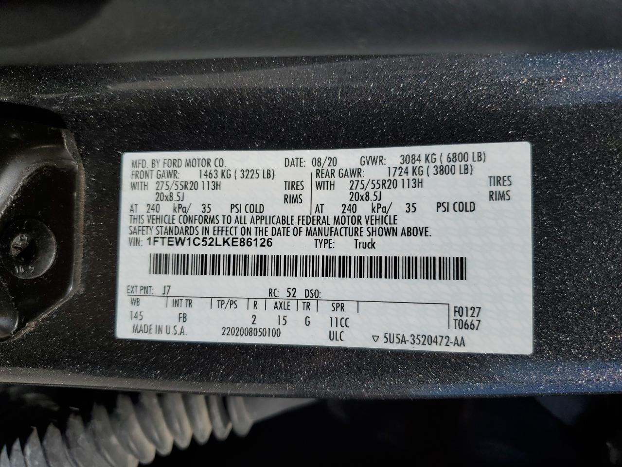 2020 Ford F150 Supercrew VIN: 1FTEW1C52LKE86126 Lot: 86717135