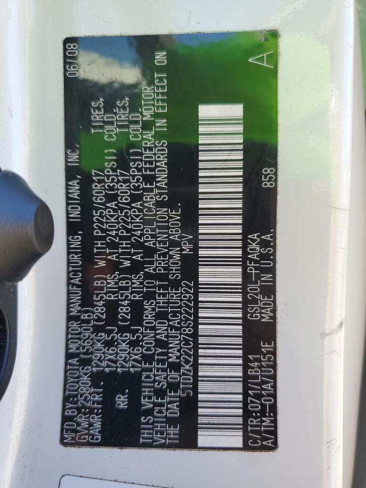 2008 Toyota Sienna Xle VIN: 5TDZK22C78S222922 Lot: 82272625