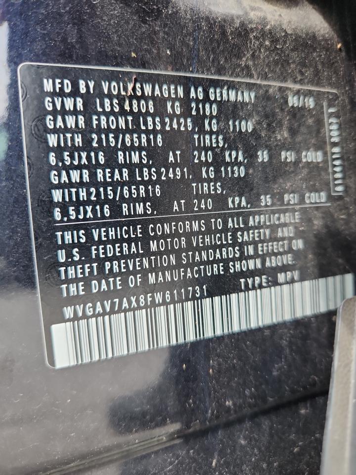 2015 Volkswagen Tiguan S VIN: WVGAV7AX8FW611731 Lot: 85524245