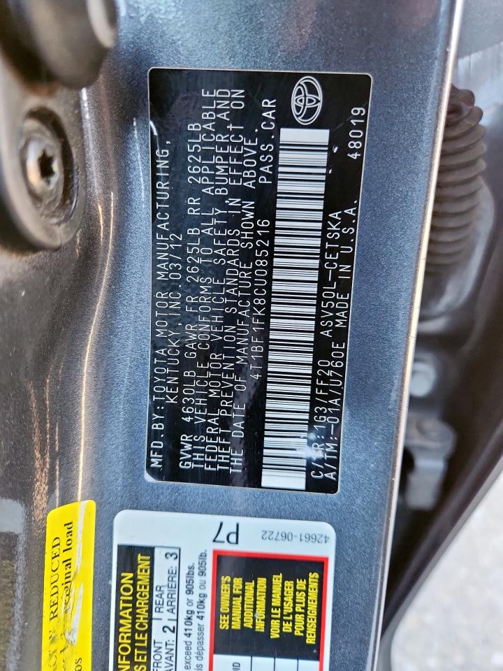 2012 Toyota Camry Base VIN: 4T1BF1FK8CU085216 Lot: 91024955