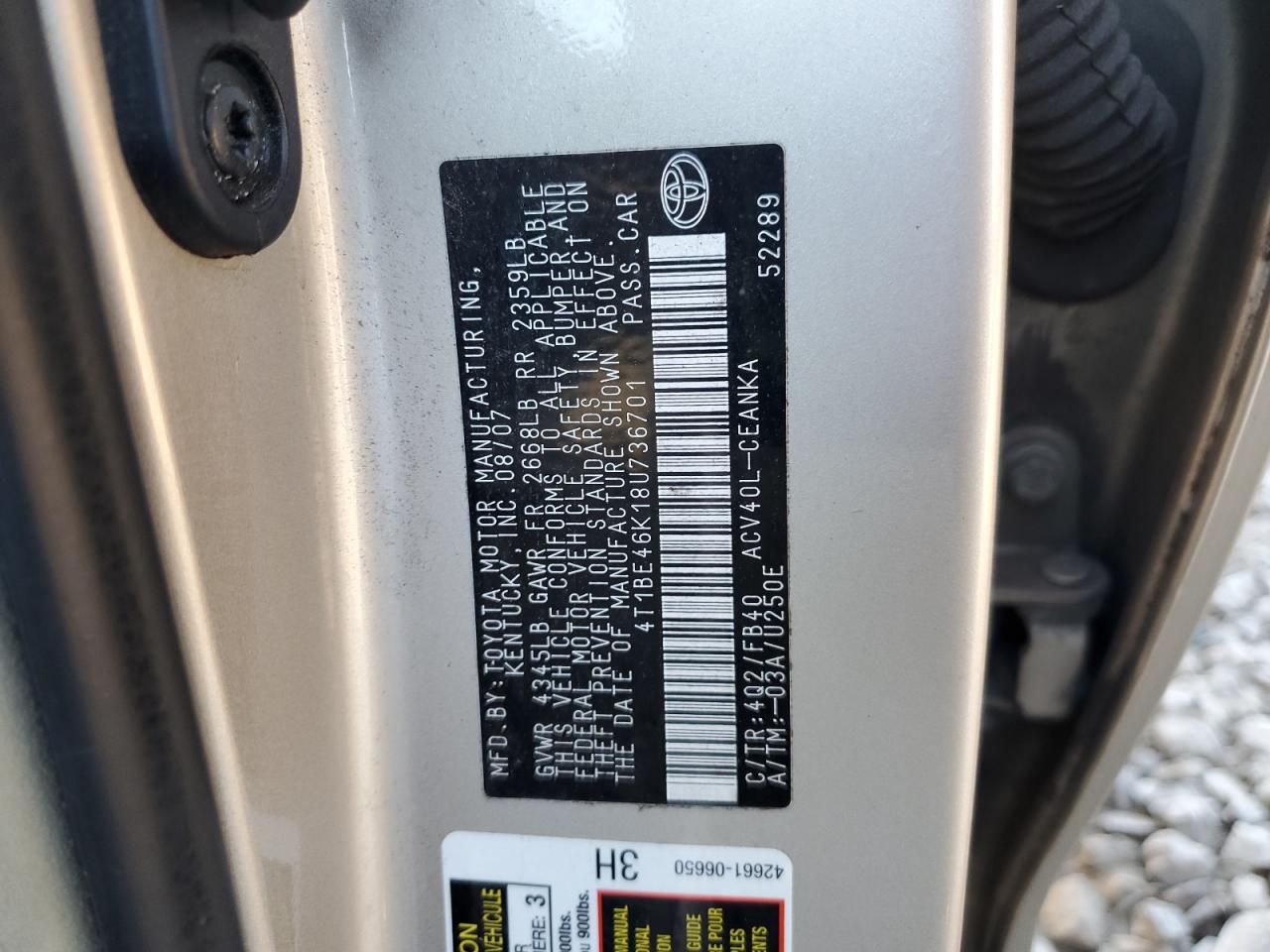 2008 Toyota Camry Ce VIN: 4T1BE46K18U736701 Lot: 84591085