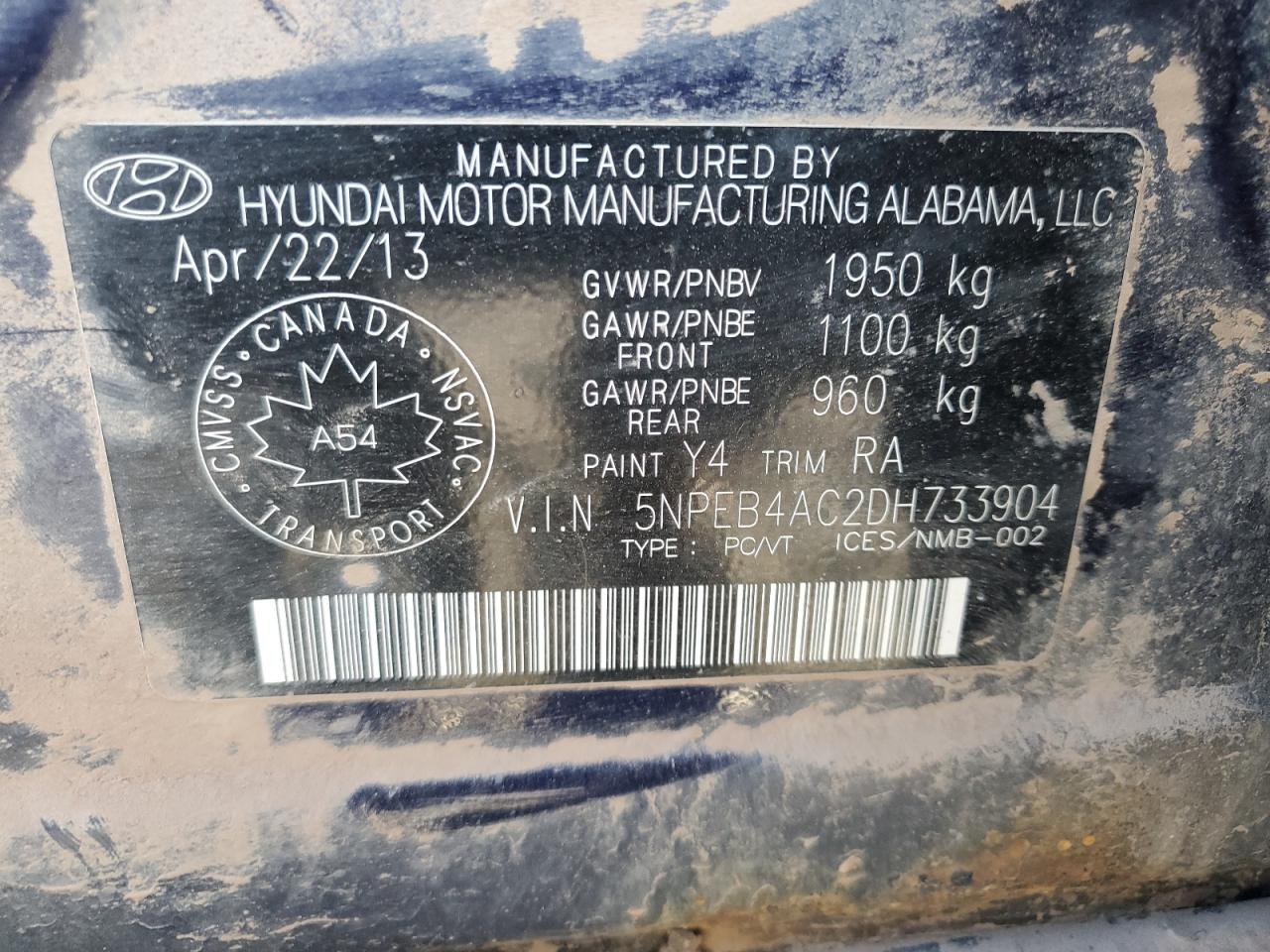 2013 Hyundai Sonata Gls VIN: 5NPEB4AC2DH733904 Lot: 86094845