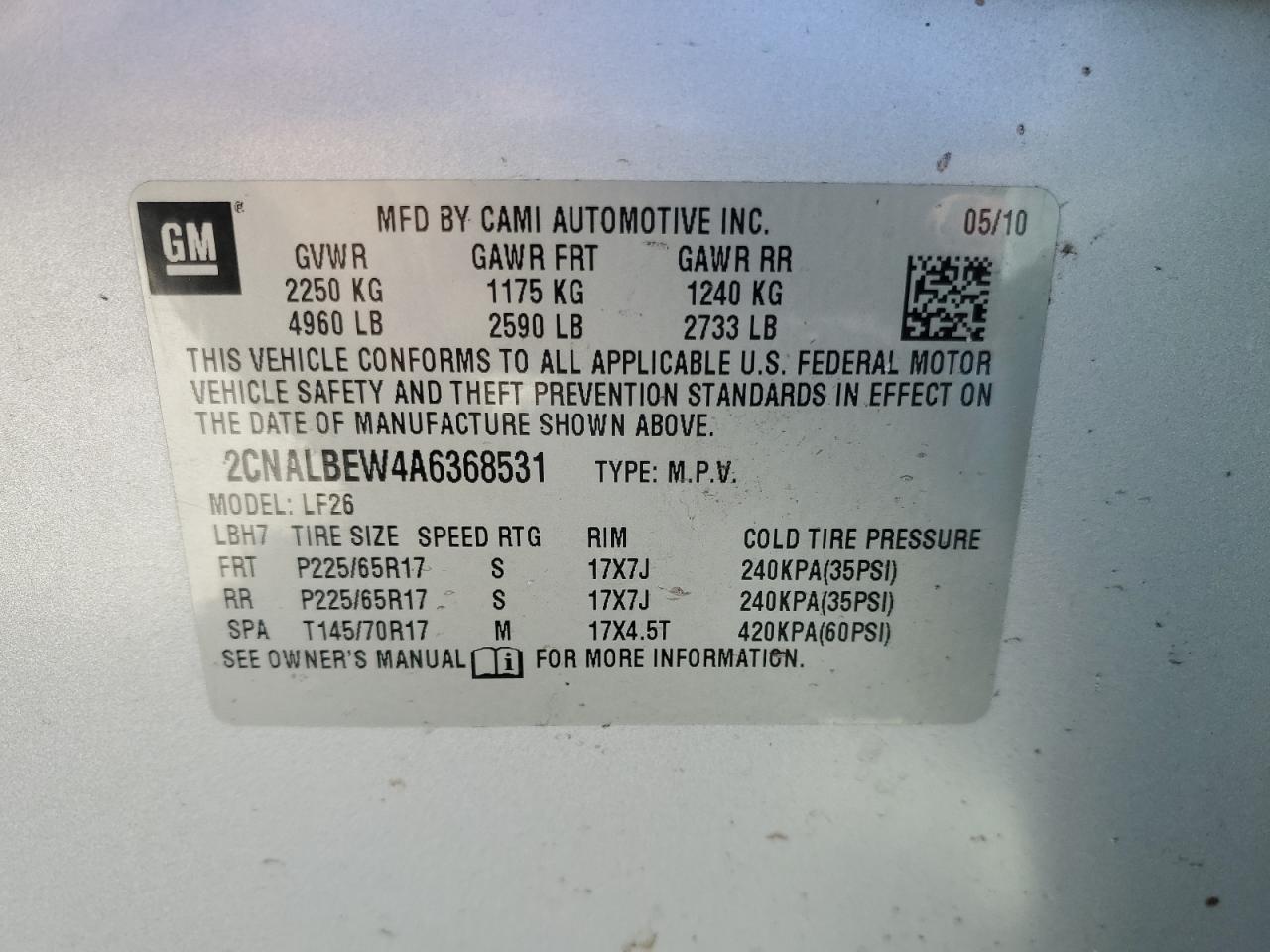 2010 Chevrolet Equinox Ls VIN: 2CNALBEW4A6368531 Lot: 86502425