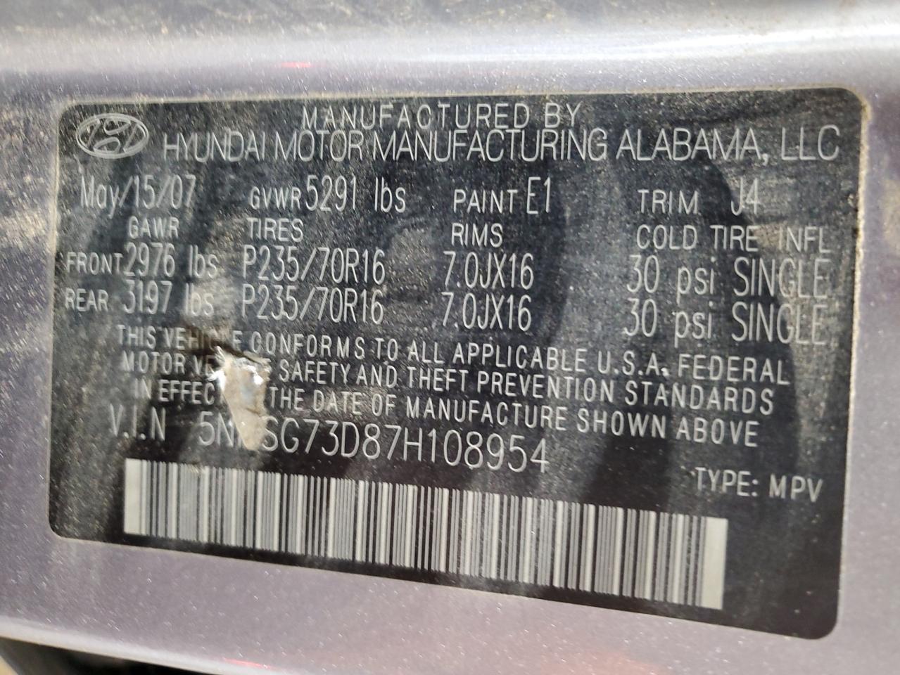 2007 Hyundai Santa Fe Gls VIN: 5NMSG73D87H108954 Lot: 85596035