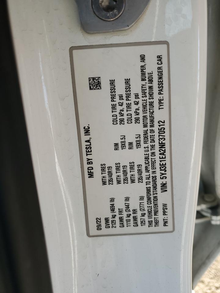 2022 Tesla Model 3 VIN: 5YJ3E1EA2NF370512 Lot: 86252935