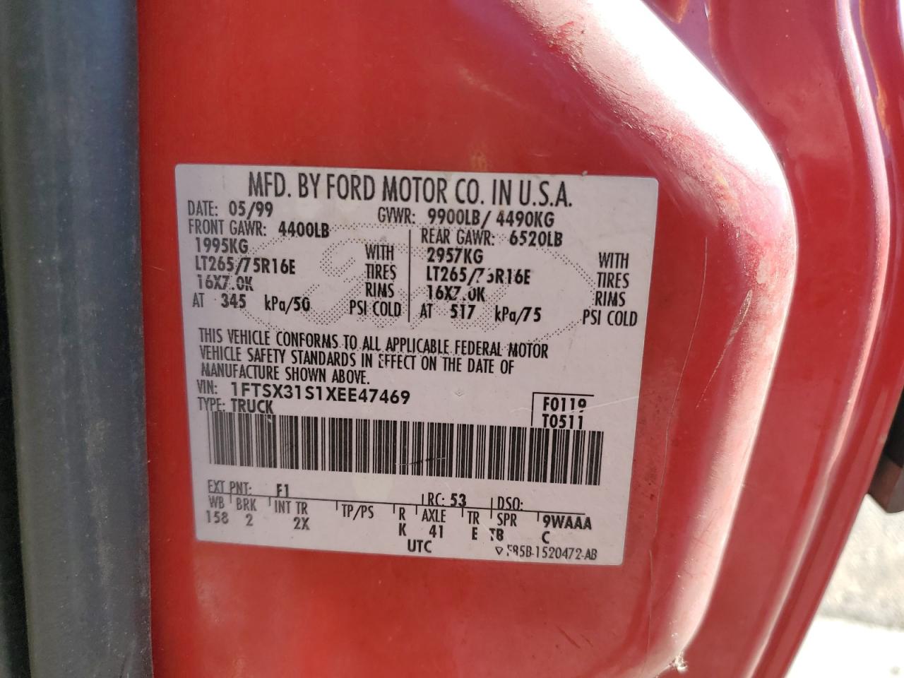 1999 Ford F350 Srw Super Duty VIN: 1FTSX31S1XEE47469 Lot: 87261565