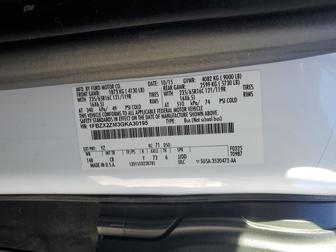 2016 Ford Transit Wagon T-350 VIN: 1FBZX2ZM3GKA30195 Lot: 87204365