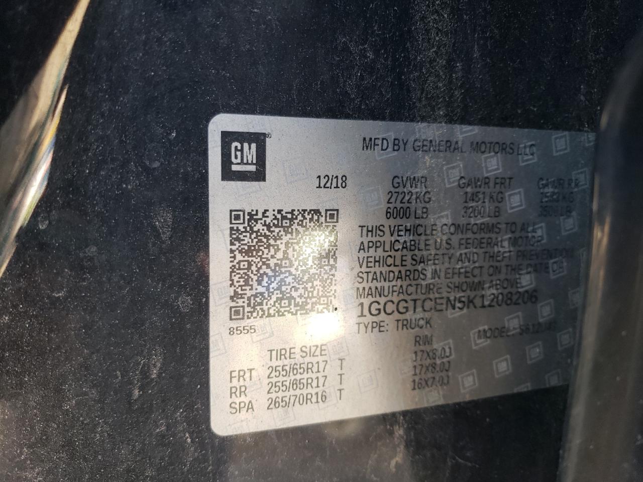 2019 Chevrolet Colorado Lt VIN: 1GCGTCEN5K1208206 Lot: 86841185